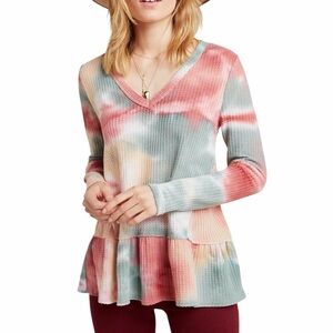 Anthropologie Eri + Ali Tallie Tie Dye V Neck Waffle Knit Peplum Top Large Green